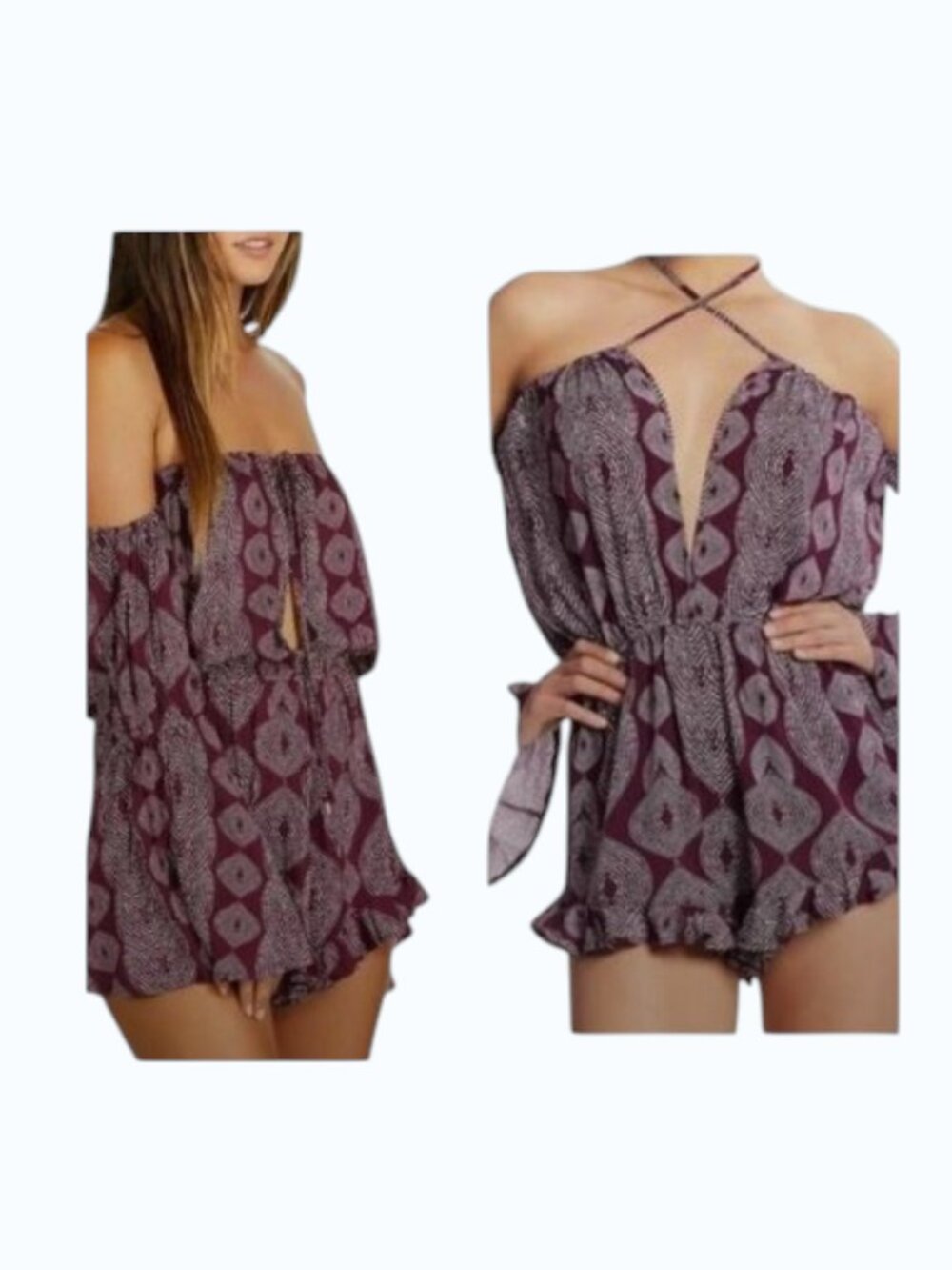 Radio Fiji Maroon Sokally Off the Shoulder Romper/ Beach Cover Up